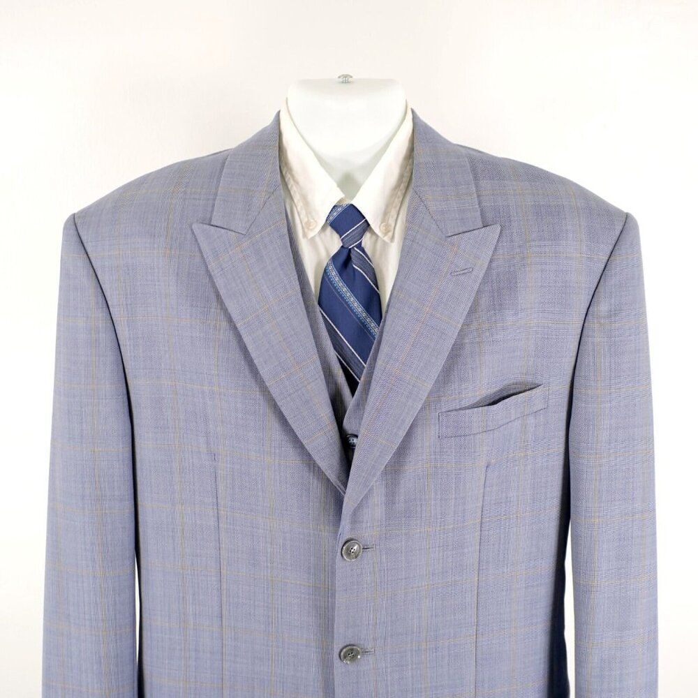 Vitale Barberis Canonico Super 140s Blue Plaid 2 Piece‎ Vest + Suit Jacket 42L
